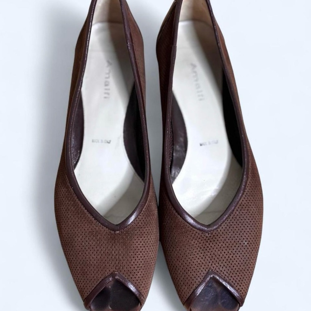 Vintage Italian Amalfi Brown Perforated Leather Peep-Toe Flats - Picture 3 of 5